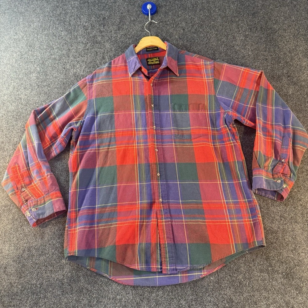 Vintage Eddie Bauer Bainbridge Flannel Mens L Red Tartan Plaid Made USA